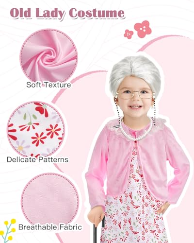 Gleamkid Old Lady Costume for Kids: 100 Days of School Costume for Girls 100th Day of School Granny Dress up Accessories with Wig, Glasses Wrinkle Tattoo Stickers, Cane, Jewelries, Grandma Cosplay Kit — view 3