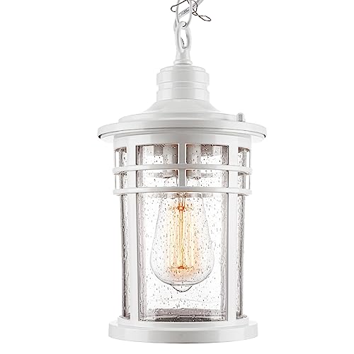 Image of Darkaway Outdoor Pendant Lights for Porch, Outdoor Chandelier Hanging Porch Lights Ceiling Mount Aluminum with Seeded Glass for Front Porch Gazebo Patio (Medium, White)