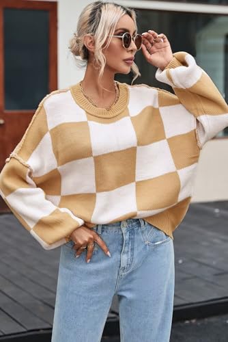 Image of Women's Casual Crew-Neck Long Sleeve Sweater Checkered Pullover Knit Sweaters Jumper Top