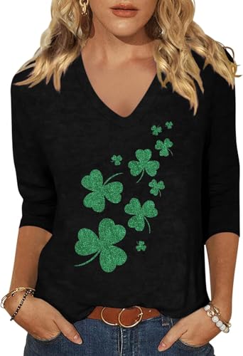 Vircreate Womens 3/4 Sleeve V Neck T-Shirts St. Patrick's Day Spring Shirts Lucky Shamrock Graphic Tee Tops (L,ST261 Black)