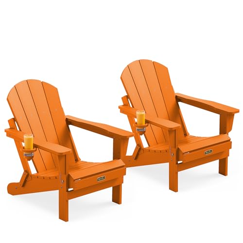 SERWALL Foldable Adirondack Chair with Cup Holder Set of 2 for Patio Garden Outdoors Fire Pit Chairs-Orange