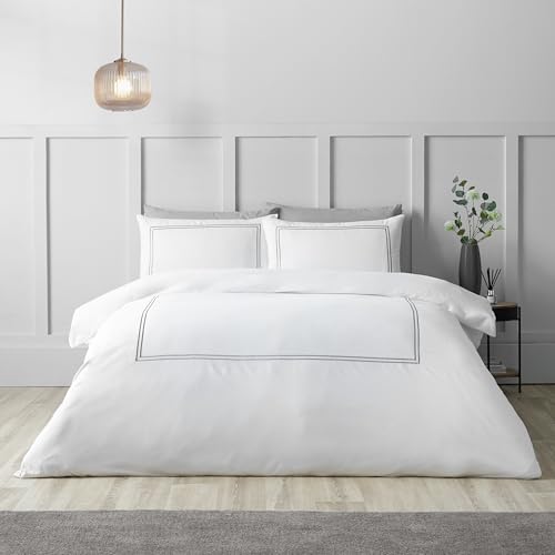 Catherine Lansfield So Soft Mono Satin Stitch Single Duvet Cover Set with Pillowcase White/Silver