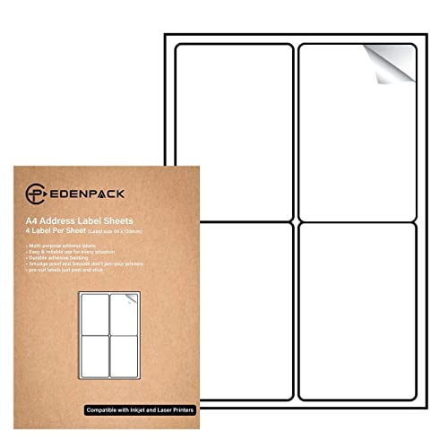 Edenpack EP42400 - 4 etiquetas por folha A4, 25 folhas, etiquetas de correio imprimíveis de endereços auto-adesivos, compatíveis com impressoras a laser e jato de tinta