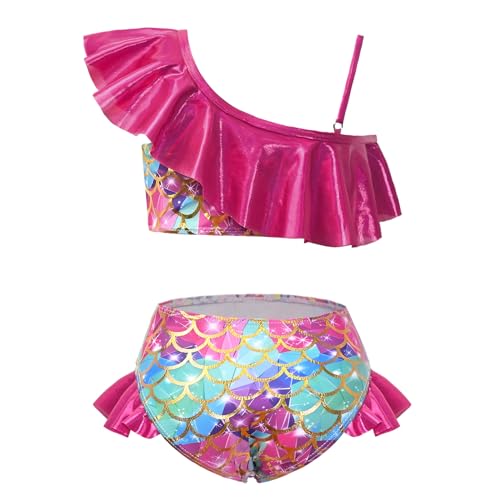 CHILDRENSTAR Girls Metallic Bathing Suits Shiny Ruffles One Shoulder 2 Pieces Swimsuits Cute Bikini Set2