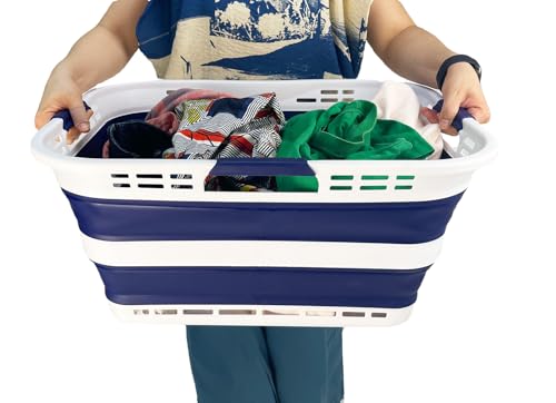 Image of SAMMART Set of 2 Collapsible Plastic Storage Basket - Foldable Pop Up Storage Container - Portable Laundry Organizer - Space Saving Hamper (White /Starry Blue, 42L (Style A))