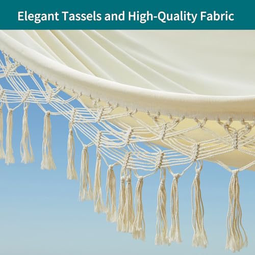 Image of JoyView Boho Macrame Double Hammock with Hanging Ropes & Elegant Tassels 86.6x59 Portable Cotton Hammock for Patio Backyard Porch 450LBS Weight Capacity Perfect for Outdoor /Indoor - Beige Color