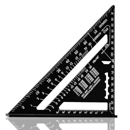 BaraRose 三角定規 木工用 丸鋸定規 直角定規 0-90度 アルミ合金 分度器 建築製図 大工道具 両面目盛り分度器 クリアスケール 読みやすい 建築製図 強くて丈夫な 測量用品 (ブラック, 185mm*185mm)