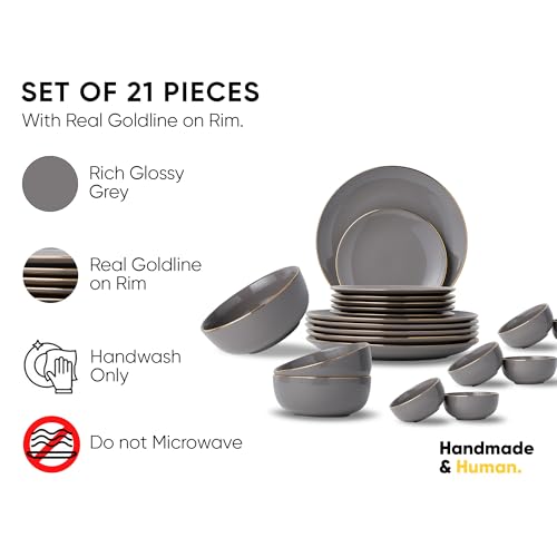 Image of Shay Grey Gold Ceramic Dinner Set, 21 Pieces, Goldline Series | Crockery Set for Dining Table | Crockery Set for Gifting & Dining Glossy Finish | Premium Ceramic (Grey Gold, 21 Pieces)