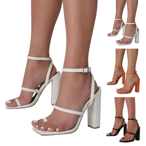 Zbyy Womens Square Ring Toe Heeled Sandals Ankle Strap High Heel Chunky Block Dressy Slip On Mules Pump Sandals #TOP4