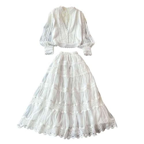 Women's solid color lace peek-a-boo ruffle lantern sleeves shirt +