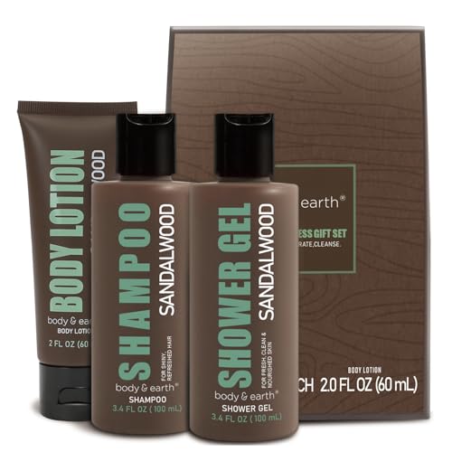BODY & EARTH Duschgel Männer 3-teiliges Set, Männer Geschenkset mit Sandelholz Duft, Herren Reiseset mit Duschgel, Körperlotion, Shampoo, Geburtstagsgeschenk, Vatertagsgeschenk
