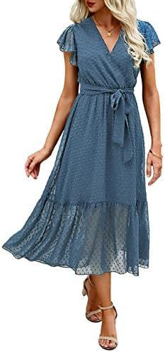 BTFBM Women Summer Bohemian Floral Casual Wrap V Neck Ruffle Cap Sleeveless Belt A-Line Pleated Hem Swing Midi Sun Dress (Swiss Dot Grey Blue, s)