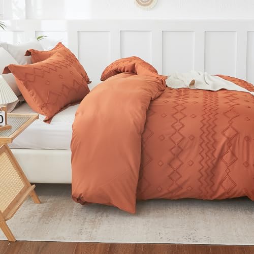 Image of EMME Duvet Cover Queen Size, Boho Tufted Comforter Cover, 3 Pieces Embroidery Chic Bedding Set for All Seasons, 1 Duvet Cover + 2 Pillowcases (Pumpkin, Queen)
