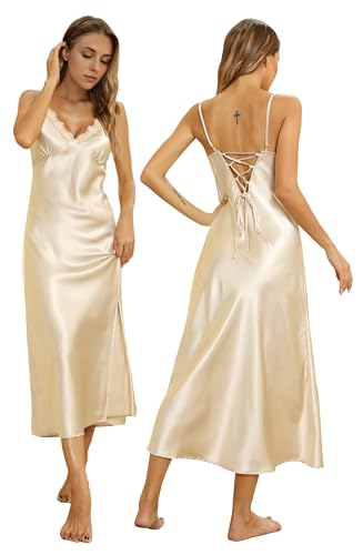 Image of ALCEA ROSEA Women Silk Satin Nightgown Sexy Lace Chemise Lingerie Long Sleepdress for Ladies Sleepwear Slip Negligee