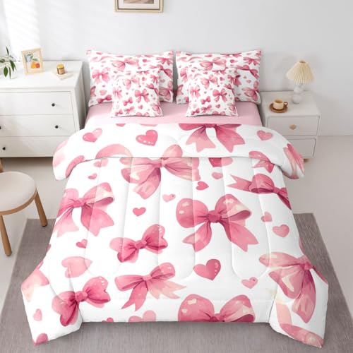 Image of Pink Bow King Size Comforter Set with Sheets | Watercolor Bow 7 Piece Bedding Set Dreamy Princess Bowknot Bed in a Bag, Cute Love Hearts Room Decor,Light Pink Room Decor Aesthetic