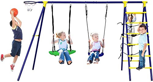 HONEY JOY 5-in-1 Metal Climb and Swing Set with 2 Tree Swings, Climbing Ladder/Net, Basketball Hoop, Ground Stake, Kids Outdoor Playground Play Set Activity Center Fun