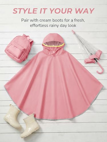 Image of Haloumoning Kids Hooded Rain Poncho Girls Waterproof Lightweight Reusable Raincoat Jacket 4-14 Years