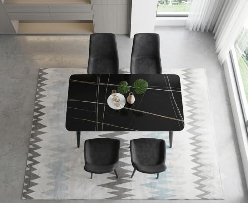 Image of Eclipse Four Seater Faux Marble Dining Set | 15mm Sintered Stone Dining Table | Upholstered Metal Chairs | Galaxy Black (DIY Assembly)