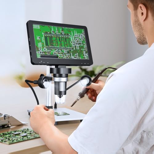 Professionelles Mikroskop 7 Zoll 1200 x 12 MP Digitales Mikroskop mit drehbarem HD-Display/8 LED-Leuchten/12 Sprachen/10 cm Arbeitsabstand: Elektronisches zum Schweißen