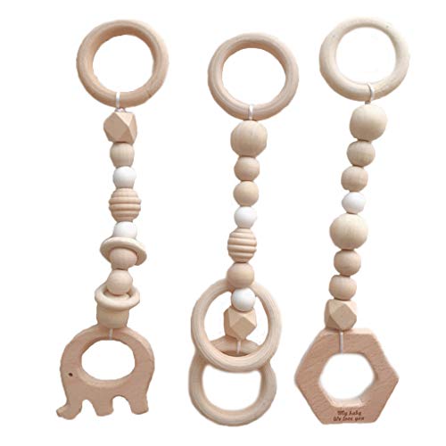 Meisijia 3PCS / Set Baby-Spiel-Gymnastik-Silikon-Perlen Holz Beißring Kinderwagen Spielzeug, Baby-Kleinkind-Aufhänger Rattle Holz Ring Greiflinge Neugeborenes BabyPram Spielzeug
