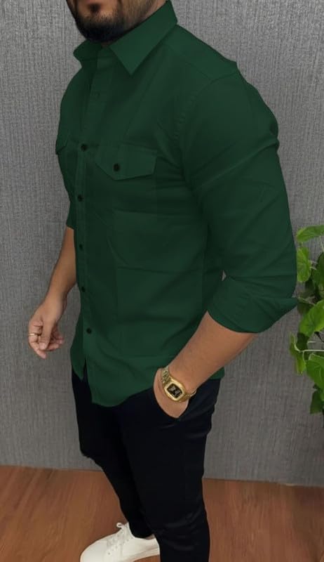 Image of DEELMO Men's Classic Cotton Blend Slim Fit Shirt || Full Sleeve Button-Down Casual Shirt with Dual Flap Pockets || Soft Breathable Fabric || Ideal for Office Party and Everyday Wear