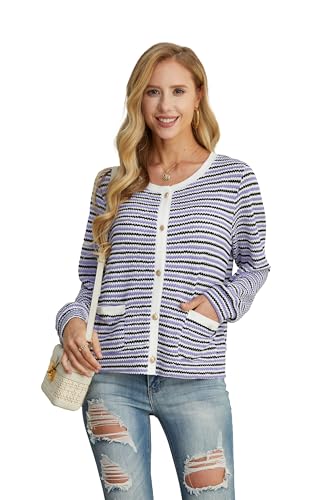 Image of Women's Violet Purple Casual Dressy Stirped Cardigan with Patch Pocket Sweaters Crew Neck Lady Lightweight Jacket 2024 Fall Winter Size XL