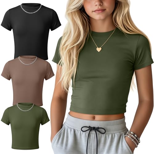 Oakgarden 3 Pack Girls Shirts Short Sleeve Tops for Kids Summer Crop Tops Clothes for Girls Mock Turtleneck Tees 5-16 Y(11-12 Years,Army Green, Coffee, Black)