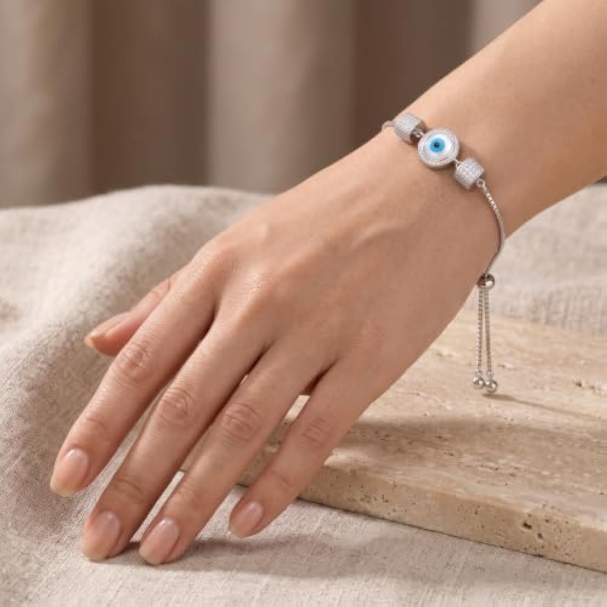 Women's 925 Sterling Silver Square Diamond Box Evil Eye Adjustable Bracelet