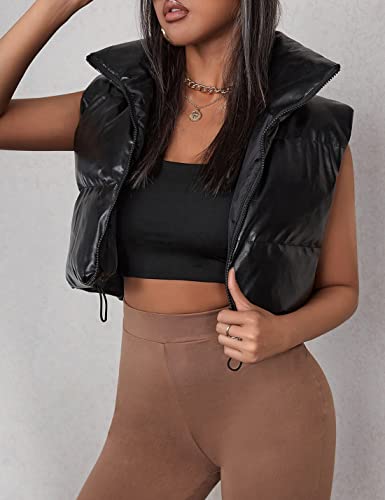 Uaneo Womens Pu Leather Cropped Puffer Vest Winter Faux Leather Zip Up Sleeveless Jacket (#2Black, Medium) #TOP3