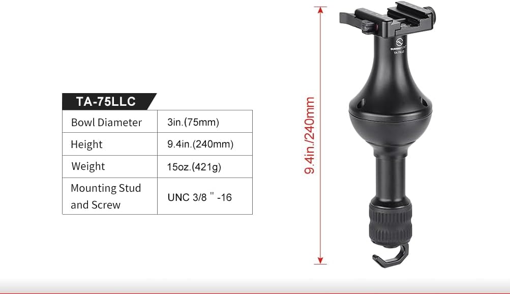 SUNWAYFOTO TA-75LLC 75mm High Rise Leveling Half Ball Adapter + Duo Lever Screw Clamp for Video Bowl Tripod Long Handle + Bubble Level + Sandbag Hook