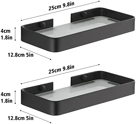 HANFU Shower Shelf No Drilling 2 Pack, Aluminum Self Adhesive Bathroom Shelves with Glass Movable, 25 cm/9.8 in Shower Storage Caddy of Wall Mount Rustproof Organiser for Dorm Toilet Kitchen, Black