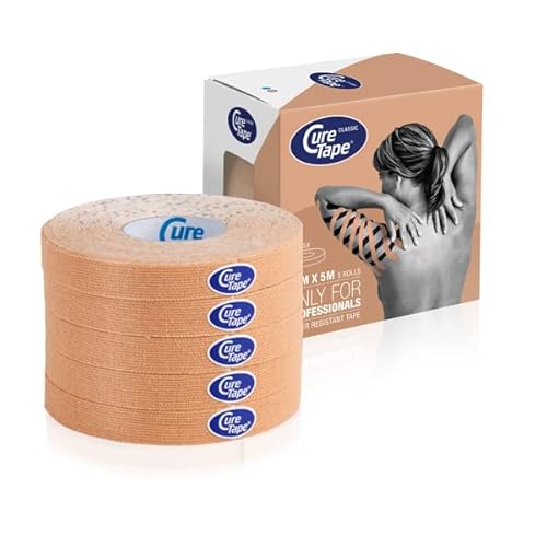 CureTape® Kinesiotapes | 5 rollos de cinta de kinesiología (1 cm x 5 m) | Cinta kinesiótica impermeable y sin látex | Adhesión larga | Ideal para el tratamiento linfático y cicatrices | Beige