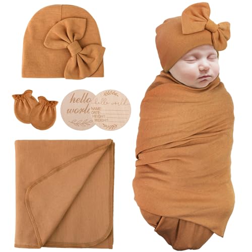 Image of AQOKKA Newborn Receiving Blanket with Bow Hat Mittens Wooden Card Set Newborns Toddler Baby Boy Girl Nursery Swaddle Wrap