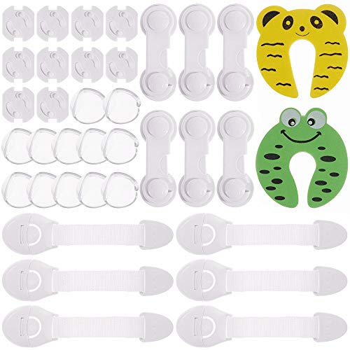 Rovtop 36 Pcs kit de Seguridad para Bebés, 12 Protectores de Esquina de Silicona, 6 Cierres de Armario, 6 Cerraduras de Cajón, 2 Clips de Puerta, 10 Cubiertas de Protección de Socket Cover