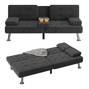 Flamaker Futon Sofa Bed Modern Folding Futon Set Linen Fabric Convertible Recliner Lounge for Living Room with 2 Cup Holders, Removable Armrests (Fabric, Carbon Black)
