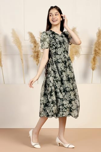Image of Fashion Dream Girl's Organza Floral Printed Calf Length Dress|Western Dress|Kids Dress|Fancy Dress
