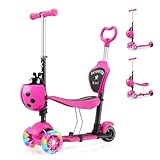 YOLEO 5-in-1 Children's Scooter with Removable Cartoon Basket, Seat, Push Bar, LED, Large Wheels, Comfortable Backrest, Height-Adjustable Handlebar for Toddlers, Boys and Girls from 2 Years, pink