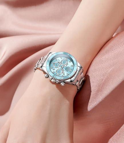 Image of OLEVS Watch for Women Luxury Stylish Diamond Analog Quartz Chronograph Elegant Silver Stainless Steel Chain Waterproof Date Ladies Wrist Watch