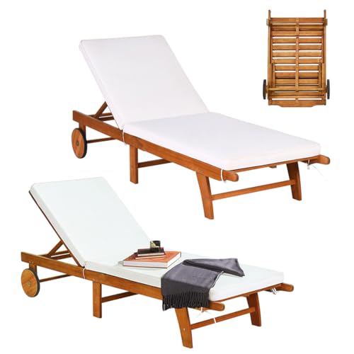 GOPLUS Lot de 2 Bain de Soleil Pliante en Bois d'Ecualyptus, Transat Jardin Extérieur avec Dossier Réglable 6 Positions, 2 Roues, 195 x 68 x 30-90 CM,...