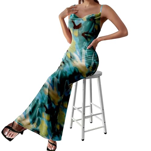 Image of Women's Spaghetti Strap Maxi Dress Floral Print Bodycon Long Dress Summer Beach Vacation Wedding Guest Outfits
