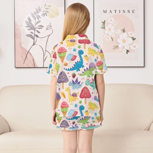 ALAZA Dinosaur Ice Cream Mushroom Pajamas Satin Pajama Set Short Sleeve Button Down Sleepwear4