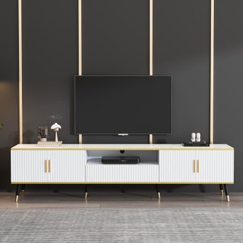 Merax Mueble de TV de 200 cm – Mueble bajo blanco con aspecto de mármol con detalles dorados, 1 cajón, 2 puertas, organizador de cables, para televisores de hasta 90 pulgadas – Mueble moderno para