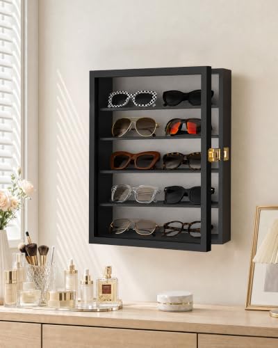Image of TJ.MOREE 5-Tier Sunglasses Organizer Storage Wall Mounted: 13 x 15 inches Eyewear Display Case Rustic Wood Eyeglasses Holder Large Glasses Storage Box, Black