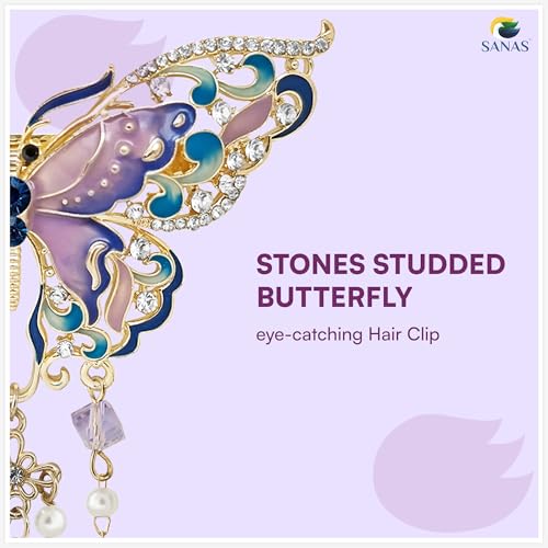 Image of Sanas (1Pcs) Butterfly Clips For Hair Accessories For Woman Stylish Crystal Drop Design Butterfly Hair Accessories For Women Wedding Hair Clips For Women Stylish Dangling Pearl Clip (1Pcs)(Multicolor)