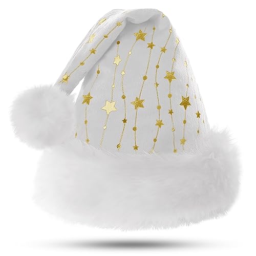 KONVINIT White Santa Hat for Adults,Fluffy Christmas Hat with Gold Stars,Warm Large Xmas Hat for Men and Women,white - Image 2