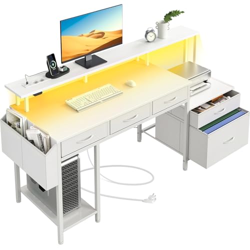 Rolanstar Bureau Informatique 143 cm avec LED, Prises, USB et Type-C, Support Écran, Étagère Imprimante et 5 Tiroirs, Blanc