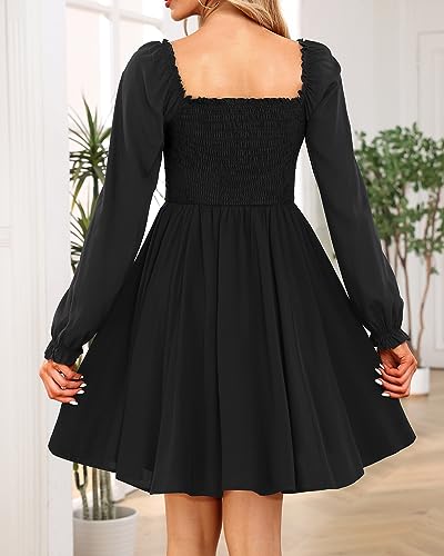 Image of Holipick Women's Casual Square Neck Smocked Dress Shirred Ruffle Puff Sleeve High Waist Cute Flowy A-Line Short Dress