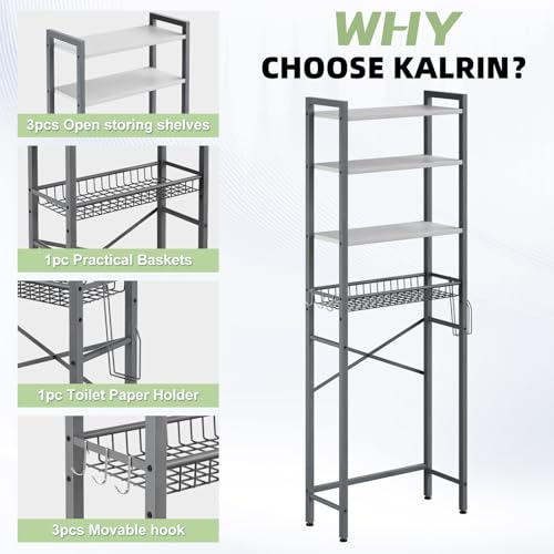 Image of Kalrin Over-The-Toilet Storage Rack, 4-Tier Bathroom Organizer Shelf Over Toilet with Adjustable Shelf and Basket, Freestanding Space Saver Bathroom Shelves Above Toilet for Room (Gray- White)
