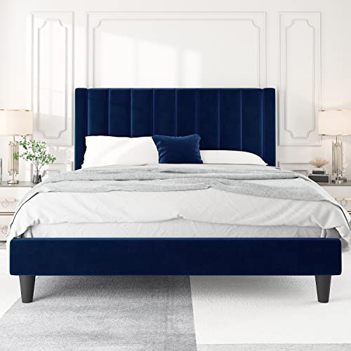 Hoomic Queen Size Platform Bed Frame With Velvet Upholstered Plush Vertical Channel Headboard, No Box Spring Needed, Easy Assembly,Navy Blue #TOP2
