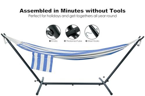 Image of GAFETE Double Hammocks with Stand for Outside, Max 600lbs, (Blue & White) | Upgraded Spreader Bar, 9FT Heavy Duty & Space Saving Stand, Easy Assemble, Convenient Side Pocket, Indoor & Outdoor, Patio